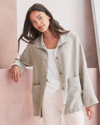 EILEEN FISHER Organic-Linen Stand-Collar Long Jacket