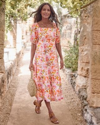 Linen Puff-Sleeve Midi Dress | Garnet Hill