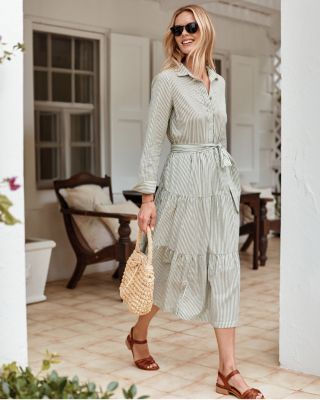 ワンピース Cotton Voile Stripe Gather Neck Dress Cotton Voile Stripe Gather Neck Dress | Pasand by ne Quittez