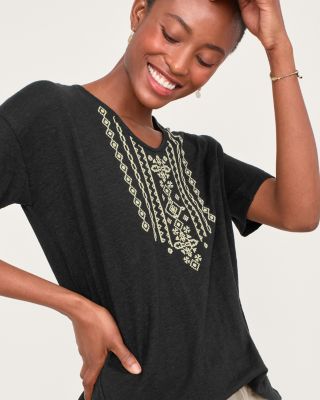 Organic-Linen Embroidered V-Neck Tee | Garnet Hill