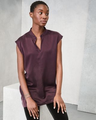 cherry★FOXEYプラチナボーダードレス42プラチナ コットンシルク EILEEN FISHER Sand-Washed Silk Charmeuse Mandarin-Collar Tunic