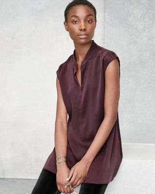 EILEEN FISHER Sand-Washed Silk Charmeuse Mandarin-Collar Tunic