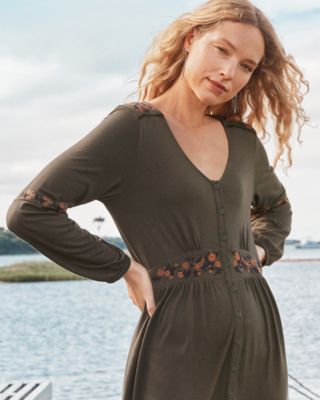 embroidered button-front tiered midi dress Button-Front Striped Midi Dress Small / Ivory main image 0
