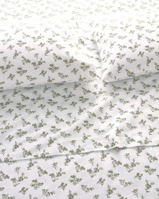 Floral Organic-Cotton Flannel Sheets - Sage