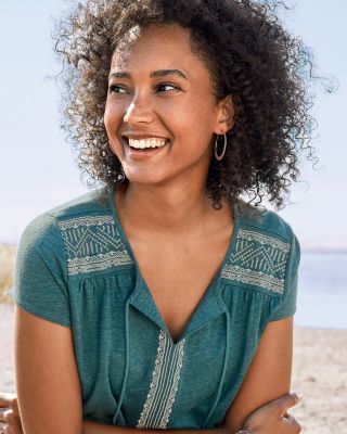 Embroidered Organic-Linen Split-Neck Tee | Garnet Hill