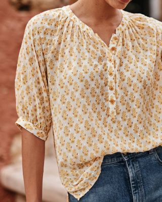 Elbow-Sleeve Swiss-Dot Blouse