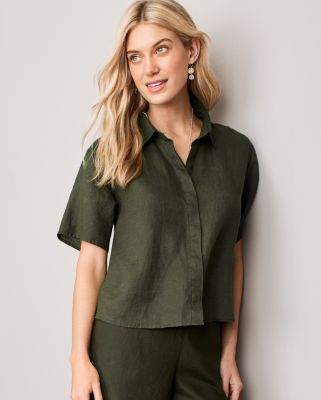 EILEEN FISHER Organic-Handkerchief-Linen Classic-Collar Short-Sleeve