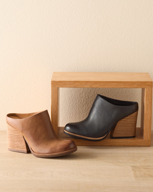 Kork-Ease Challis Mules in brown and black Italian leather.  Shop women's shoes and boots