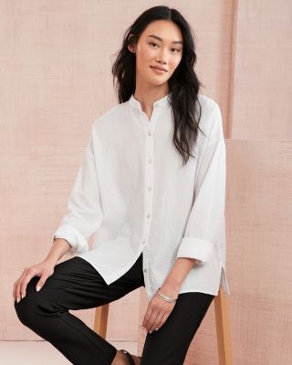 (取寄) アイリーン フィッシャー レディース マンダリン カラー シャツ Eileen Fisher women Mandarin Collar Shirt White 1 Eileen Fisher Women's Mandarin Collar Shirt, Almond at