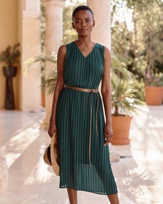 Emerald green pleated midi dress sale