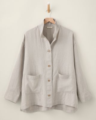 EILEEN FISHER Organic-Linen Stand-Collar Long Jacket | Garnet Hill