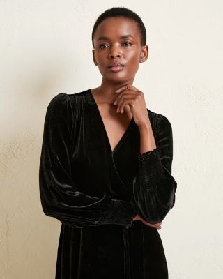 knee length dresses for ladies Arcadia Black Velvet Plunge-Neck Wrap Midi Dress – Club L London main image 0
