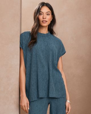 EILEEN FISHER Woven Plisse Mock-Neck Top