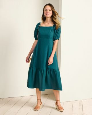 Linen Puff-Sleeve Midi Dress | Garnet Hill