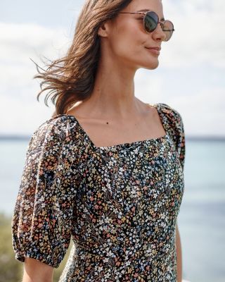 Linen Puff-Sleeve Midi Dress | Garnet Hill