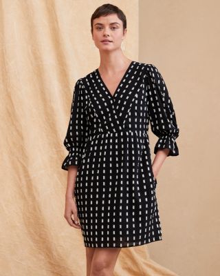 Textured Drape Blouson Sleeve Wrap Dress