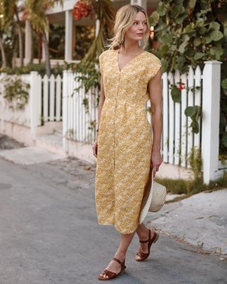 Linen Pleat-Detail Midi Dress | Garnet Hill