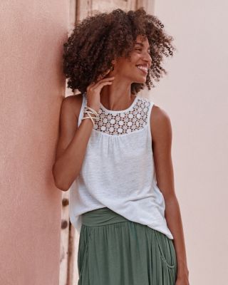 Organic Linen Lace Yoke Tank - S(4-6) - White