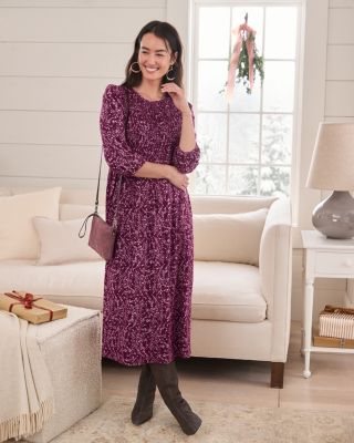 Smocked-Bodice Knit Midi Dress | Garnet Hill