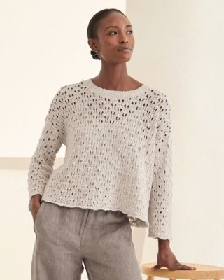 【COOR】Cotton Crochet Crewneck Sweater Charcoal Gray COOR Gray Crochet Crewneck Sweater