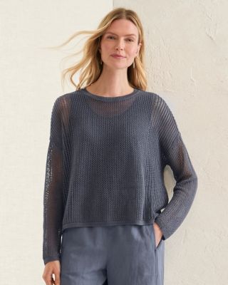 EILEEN FISHER Organic Linen & Cotton Open-Weave Crewneck Sweater