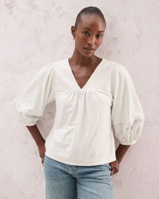 Mixed-Media Puff-Sleeve Knit Top | Garnet Hill