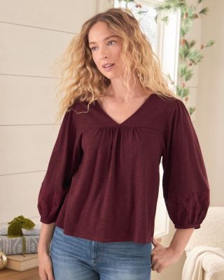 Mixed-Media Puff-Sleeve Knit Top | Garnet Hill