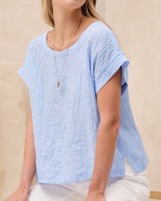 EILEEN FISHER Puckered Organic-Linen Striped Top | Garnet Hill