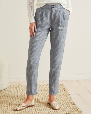 Striped Linen Trousers for Women, Blue & White Stripy Patterned