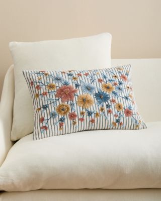 Blue Stripe Floral Embroidered Pillow Cover