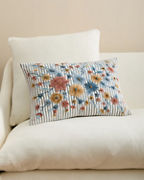 Blue Stripe Floral Embroidered Pillow Cover