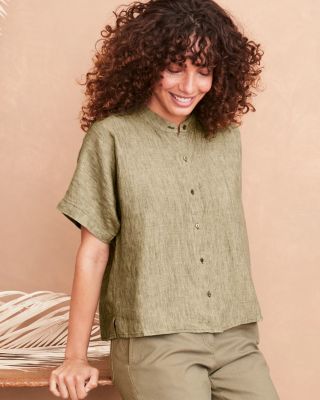 EILEEN FISHER Washed Organic-Linen Délavé Mandarin-Collar